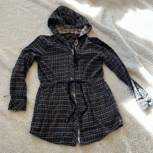 Plaid flannel hooded button up tie waist top shirt jacket